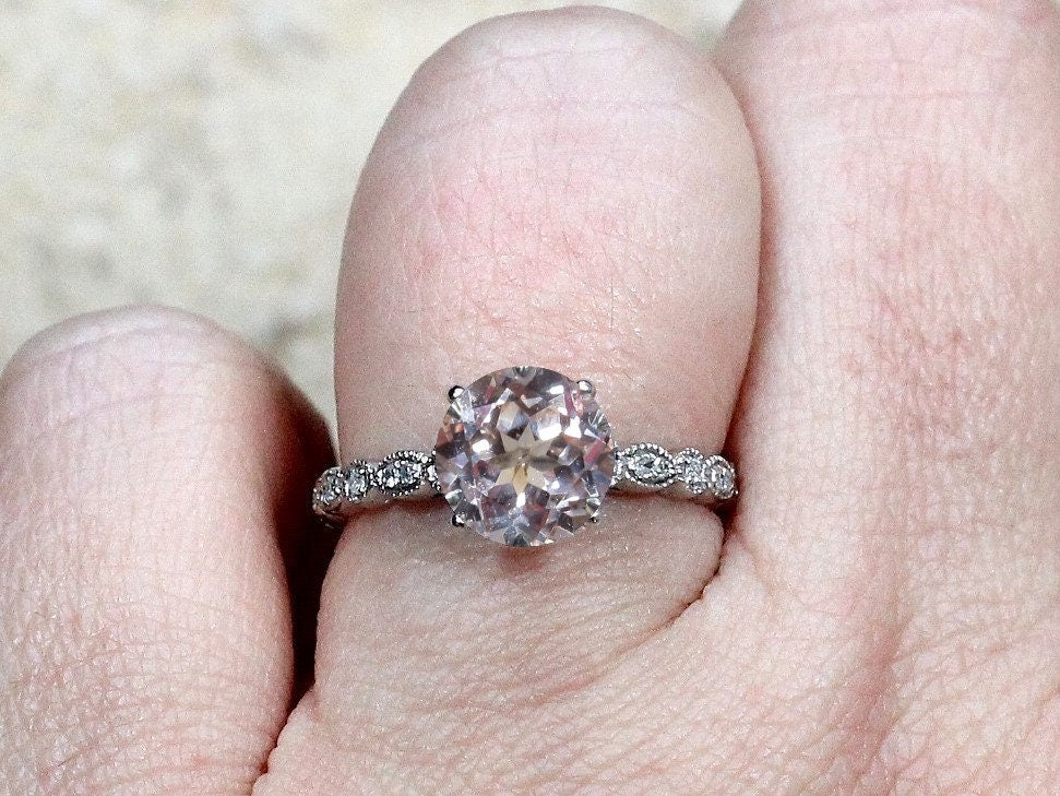 Peach Sapphire & Diamonds Engagement Ring Almost Eternity Bezel Leaf Round cut Aeolus 2ct 8mm Custom White-Yellow-Rose Gold-10k-14k-18k-Plat BellaMoreDesign.com