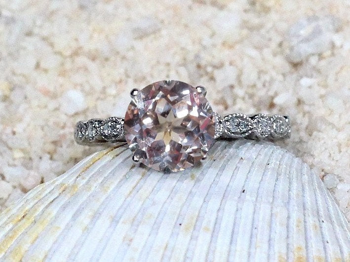 Peach Sapphire & Diamonds Engagement Ring Almost Eternity Bezel Leaf Round cut Aeolus 2ct 8mm Custom White-Yellow-Rose Gold-10k-14k-18k-Plat BellaMoreDesign.com