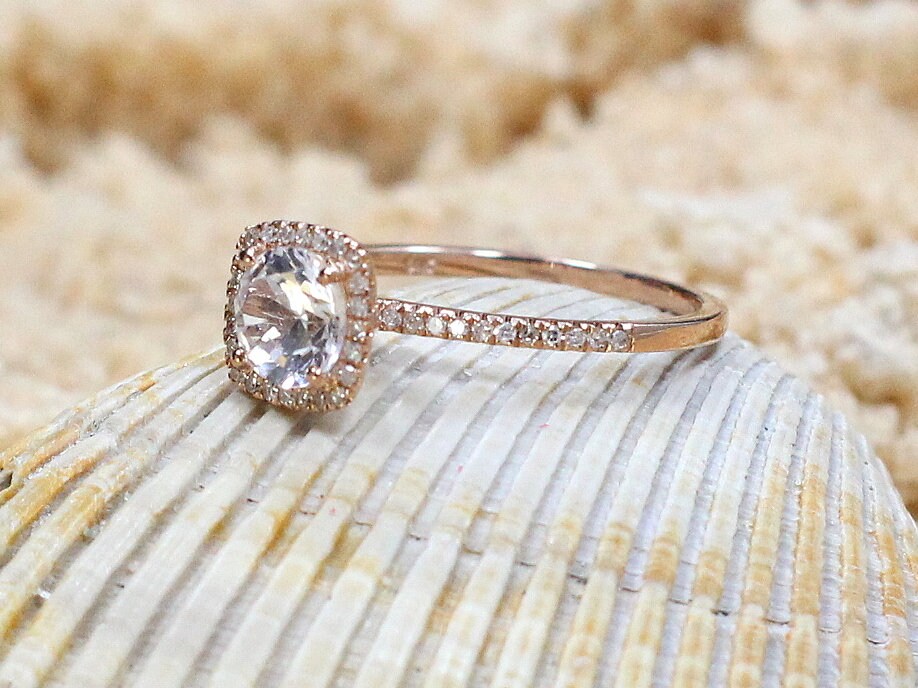 Peach Sapphire & Diamonds Engagement Ring Cushion Halo Cuscino Petite Round cut 1ct 6mm Custom White-Yellow-Rose Gold-10k-14k-18k-Platinum BellaMoreDesign.com