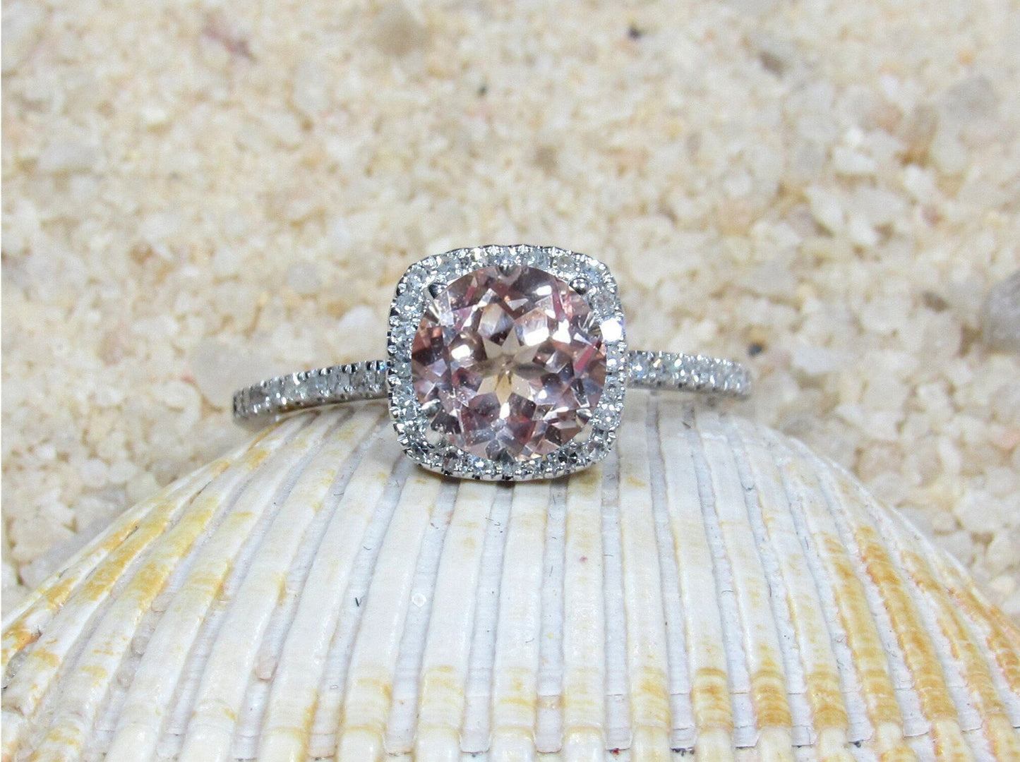 Peach Sapphire & Diamonds Engagement Ring Cushion Halo Cuscino Petite Round cut 1ct 6mm Custom White-Yellow-Rose Gold-10k-14k-18k-Platinum BellaMoreDesign.com