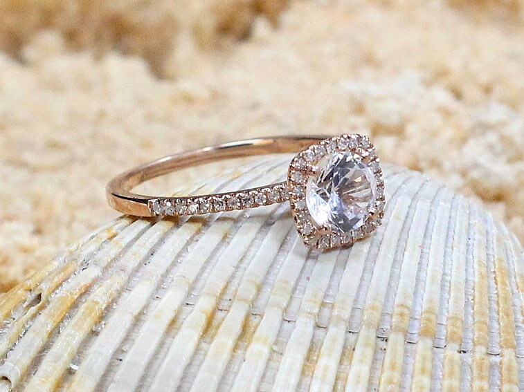 Peach Sapphire & Diamonds Engagement Ring Cushion Halo Cuscino Petite Round cut 1ct 6mm Custom White-Yellow-Rose Gold-10k-14k-18k-Platinum BellaMoreDesign.com