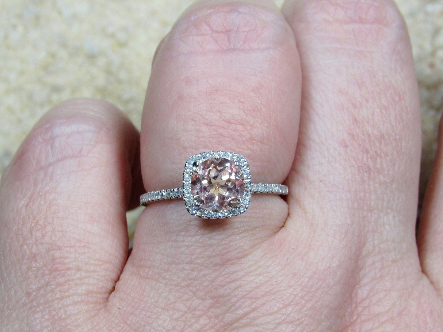 Peach Sapphire & Diamonds Engagement Ring Cushion Halo Cuscino Petite Round cut 1ct 6mm Custom White-Yellow-Rose Gold-10k-14k-18k-Platinum BellaMoreDesign.com