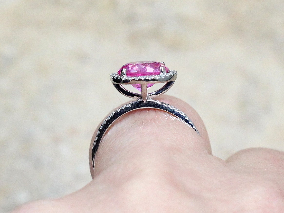 Peach Sapphire & Diamonds Engagement Ring Halo Round Basket Pricus 3ct 9mm Custom White-Yellow-Rose Gold-10k-14k-18k-Platinum BellaMoreDesign.com