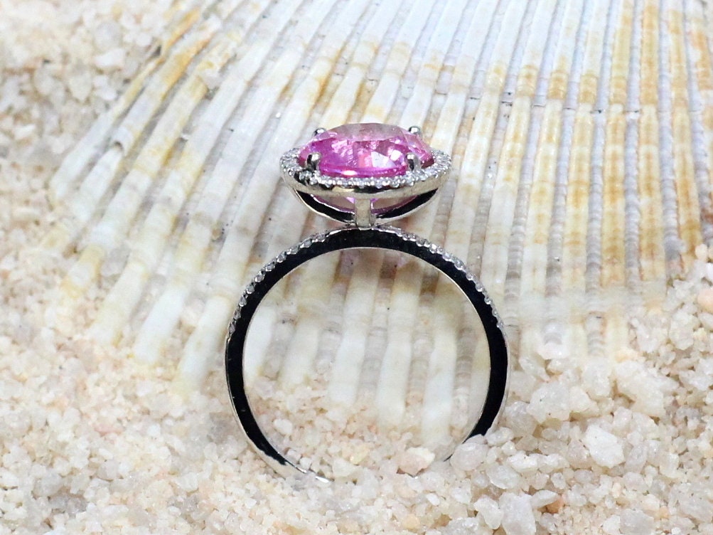 Peach Sapphire & Diamonds Engagement Ring Halo Round Basket Pricus 3ct 9mm Custom White-Yellow-Rose Gold-10k-14k-18k-Platinum BellaMoreDesign.com