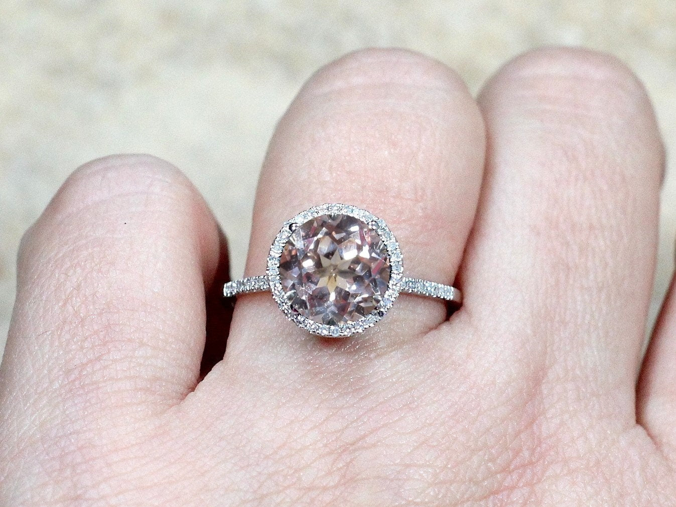Peach Sapphire & Diamonds Engagement Ring Halo Round Basket Pricus 3ct 9mm Custom White-Yellow-Rose Gold-10k-14k-18k-Platinum BellaMoreDesign.com