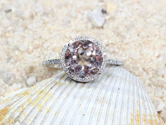Peach Sapphire & Diamonds Engagement Ring Halo Round Basket Pricus 3ct 9mm Custom White-Yellow-Rose Gold-10k-14k-18k-Platinum BellaMoreDesign.com