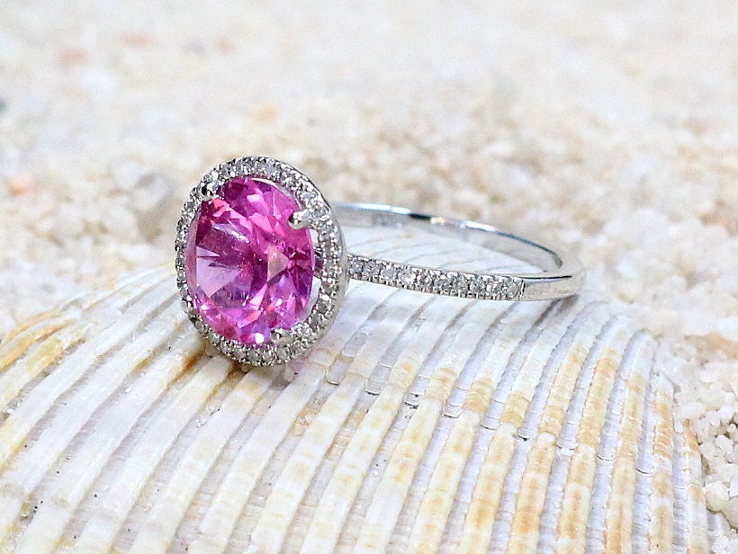 Peach Sapphire & Diamonds Engagement Ring Halo Round Basket Pricus 3ct 9mm Custom White-Yellow-Rose Gold-10k-14k-18k-Platinum BellaMoreDesign.com