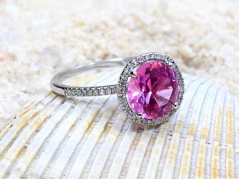 Peach Sapphire & Diamonds Engagement Ring Halo Round Basket Pricus 3ct 9mm Custom White-Yellow-Rose Gold-10k-14k-18k-Platinum BellaMoreDesign.com