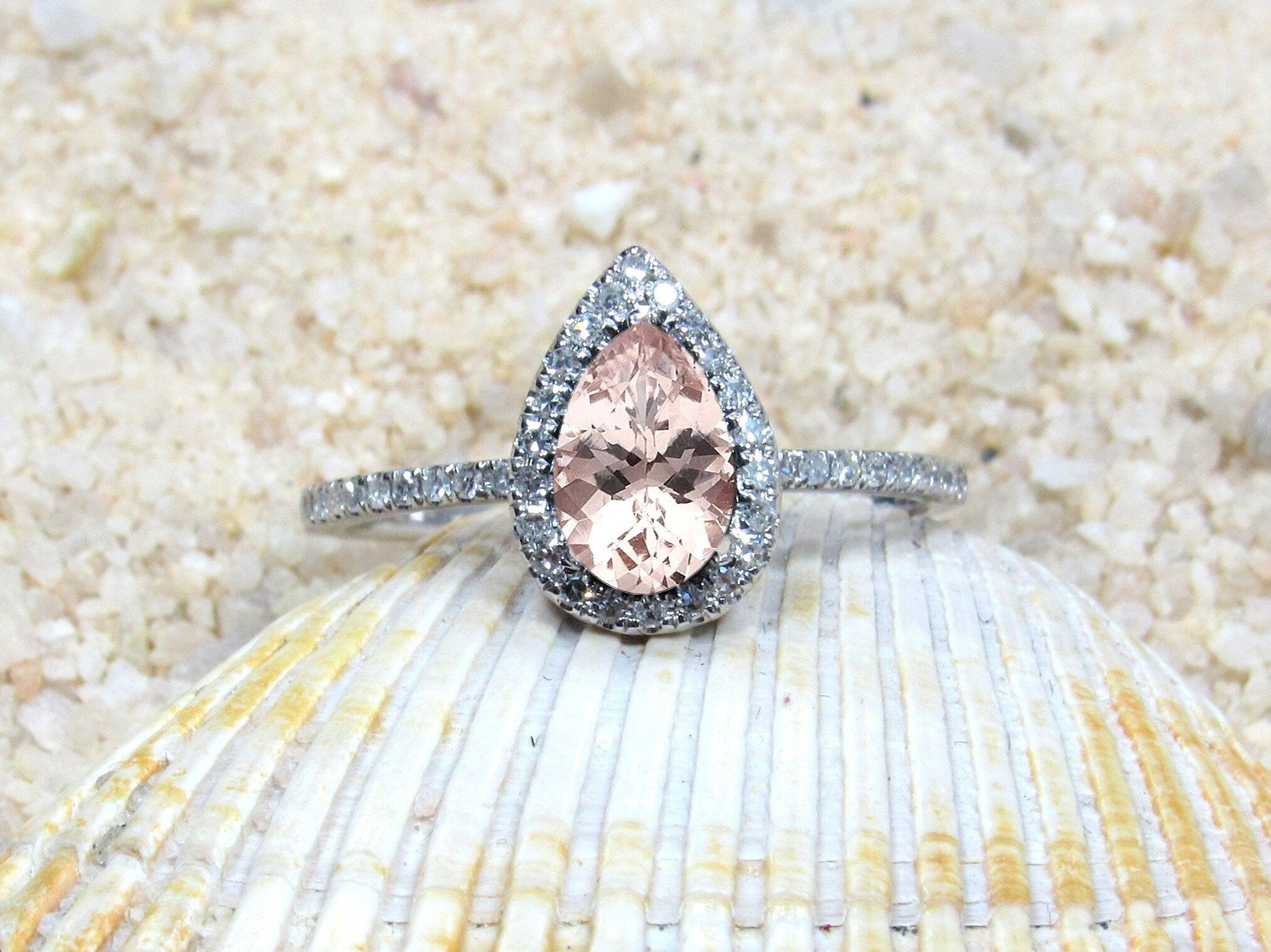 Peach Sapphire & Diamonds Pear Halo Engagement Ring Helena 1ct 7x5mm Custom Size White-Yellow-Rose Gold-10k-14k-18k-Platinum BellaMoreDesign.com