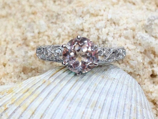 Peach Sapphire Engagement Ring Antique Style Polymnia Milgrain Filigree Round Vintage 2ct 8mm Custom White-Yellow-Rose Gold-10k-14k-18k-Plt BellaMoreDesign.com