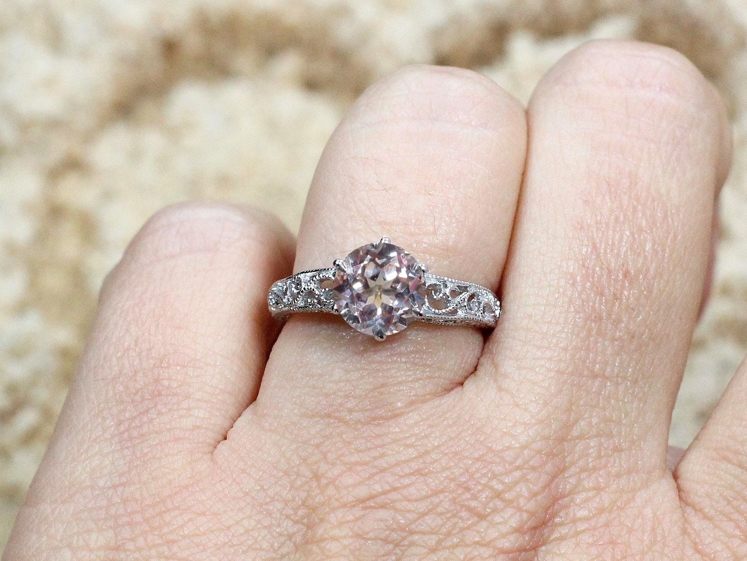 Peach Sapphire Engagement Ring Antique Style Polymnia Milgrain Filigree Round Vintage 2ct 8mm Custom White-Yellow-Rose Gold-10k-14k-18k-Plt BellaMoreDesign.com