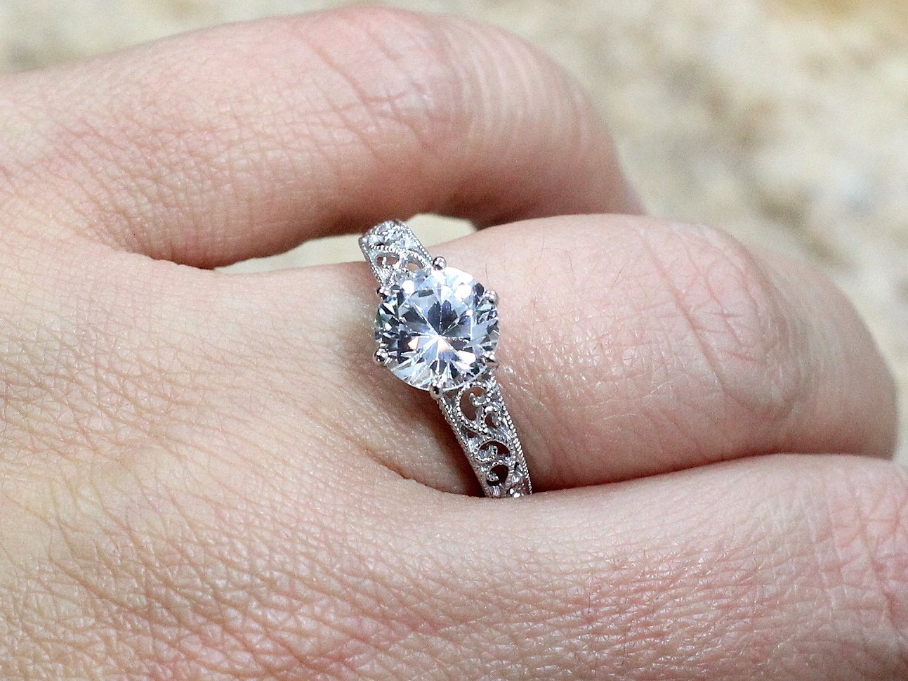 Peach Sapphire Engagement Ring Antique Style Polymnia Milgrain Filigree Round Vintage 2ct 8mm Custom White-Yellow-Rose Gold-10k-14k-18k-Plt BellaMoreDesign.com