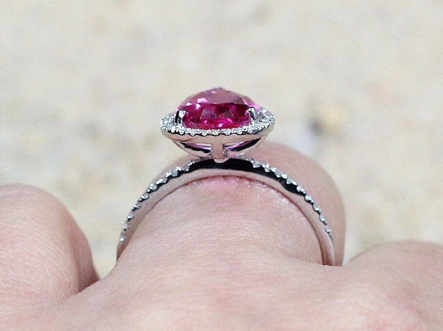 Peach Sapphire Engagement Ring,Diamond Pear Halo,Helena, 4.5ct Ring,White Sapphire Ring,White-Yellow-Rose Gold-10k-14k-18k-Platinum BellaMoreDesign.com