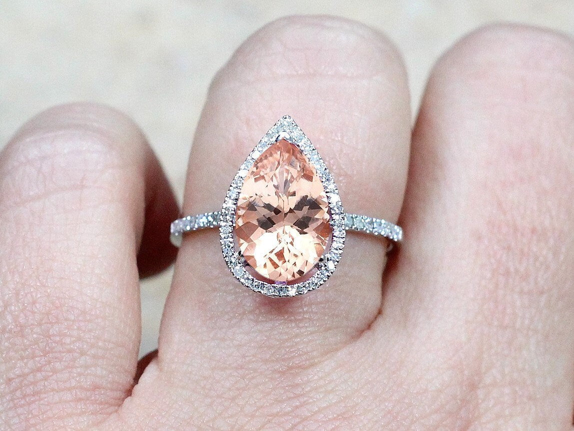 Peach Sapphire Engagement Ring,Diamond Pear Halo,Helena, 4.5ct Ring,White Sapphire Ring,White-Yellow-Rose Gold-10k-14k-18k-Platinum BellaMoreDesign.com