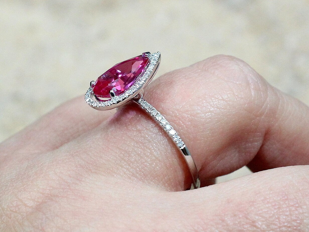 Peach Sapphire Engagement Ring,Diamond Pear Halo,Helena, 4.5ct Ring,White Sapphire Ring,White-Yellow-Rose Gold-10k-14k-18k-Platinum BellaMoreDesign.com