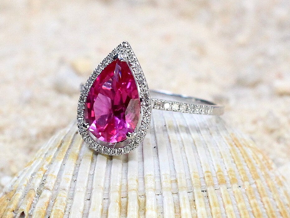 Peach Sapphire Engagement Ring,Diamond Pear Halo,Helena, 4.5ct Ring,White Sapphire Ring,White-Yellow-Rose Gold-10k-14k-18k-Platinum BellaMoreDesign.com