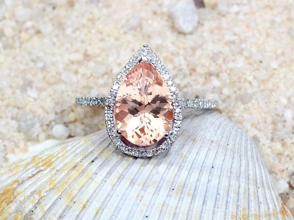 Peach Sapphire Engagement Ring,Diamond Pear Halo,Helena, 4.5ct Ring,White Sapphire Ring,White-Yellow-Rose Gold-10k-14k-18k-Platinum BellaMoreDesign.com