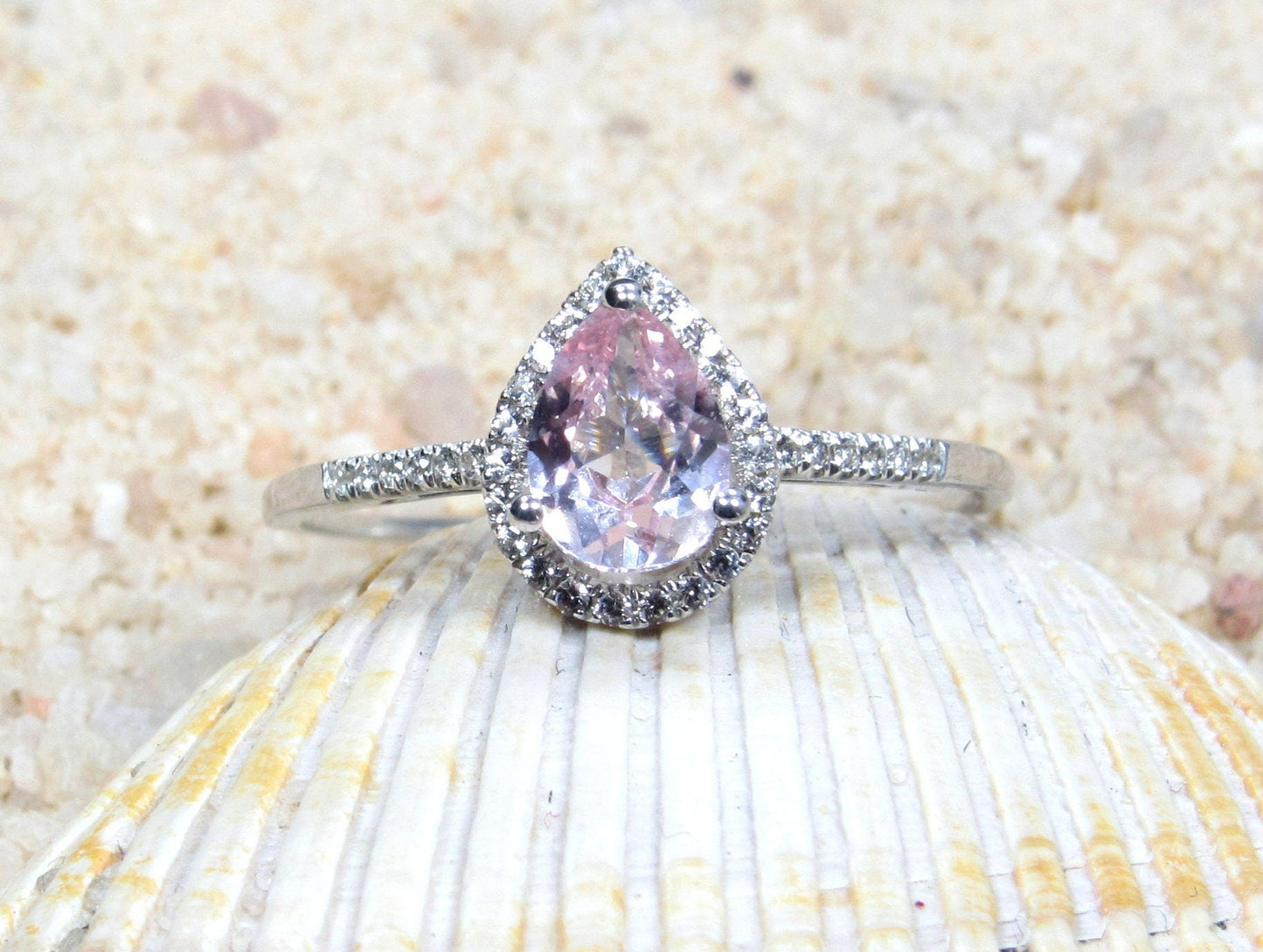 Peach Sapphire Engagement Ring, Diamonds Pear Halo, Goccia, 1ct, 7x5mm, Cathedral,Gift For Her,White-Yellow-Rose Gold-10k-14k-18k-Platinum BellaMoreDesign.com