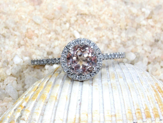 Peach Sapphire Engagement Ring, Peach Engagement Ring, Round Diamonds Halo Ring, Pricus, 1ct Ring,White Gold-Yellow Gold-Rose Gold Ring, 6mm BellaMoreDesign.com