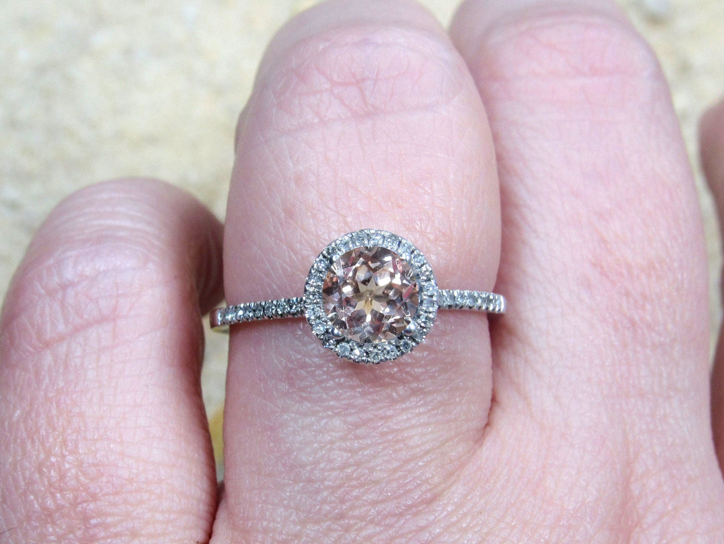 Peach Sapphire Engagement Ring, Peach Engagement Ring, Round Diamonds Halo Ring, Pricus, 1ct Ring,White Gold-Yellow Gold-Rose Gold Ring, 6mm BellaMoreDesign.com