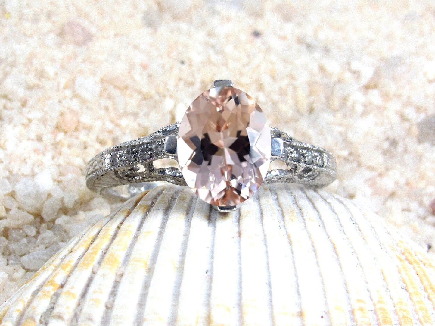 Peach Sapphire Engagement Ring, Vintage Filigree Ring, 3ct Oval 9x7mm, Dionysus, Peach Sapphire Ring,White-Yellow-Rose Gold-14k-18k-Platinum BellaMoreDesign.com