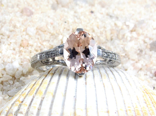 Peach Sapphire Engagement Ring, Vintage Filigree Ring, 3ct Oval 9x7mm, Dionysus, Peach Sapphire Ring,White-Yellow-Rose Gold-14k-18k-Platinum BellaMoreDesign.com
