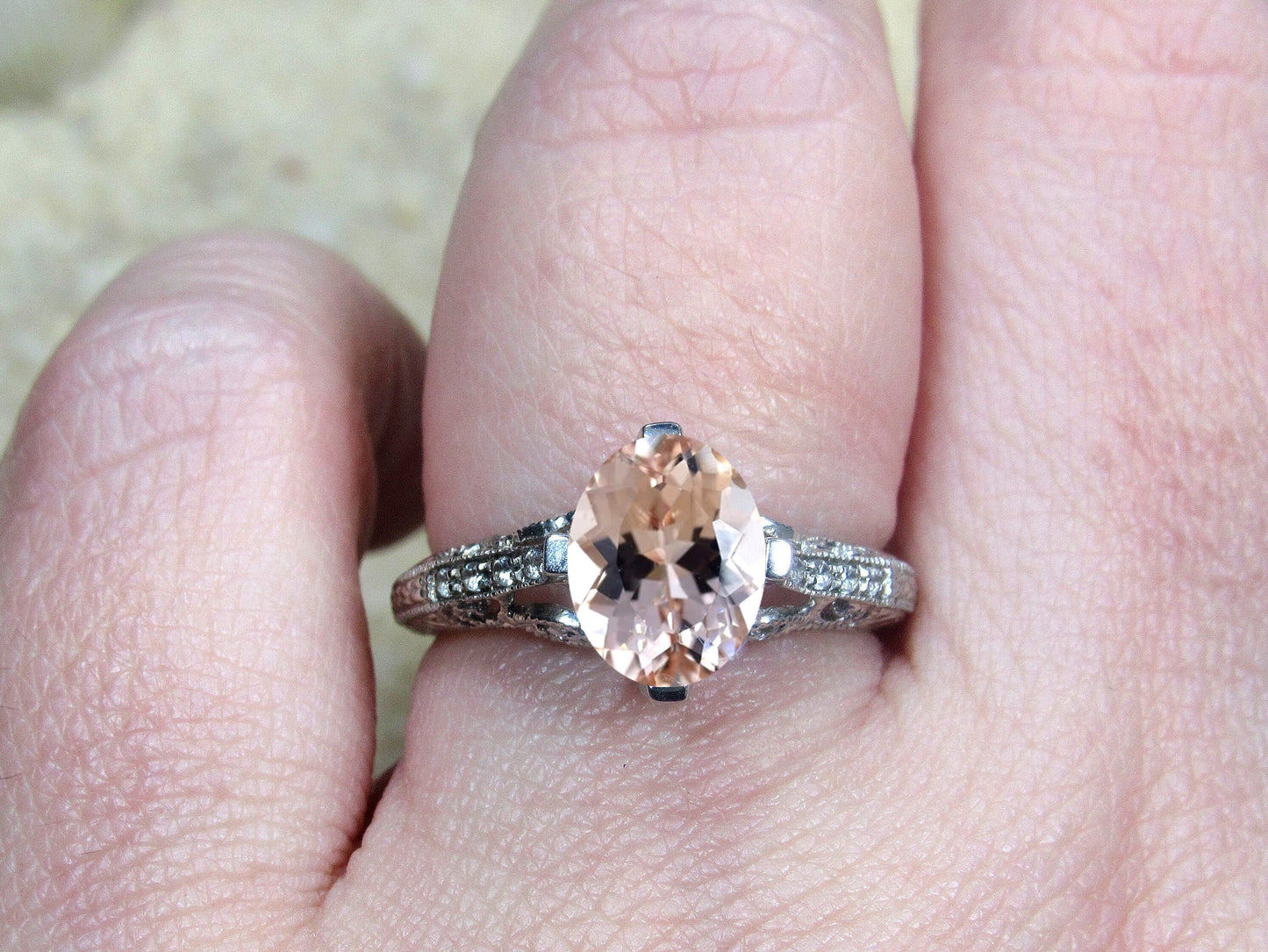 Peach Sapphire Engagement Ring, Vintage Filigree Ring, 3ct Oval 9x7mm, Dionysus, Peach Sapphire Ring,White-Yellow-Rose Gold-14k-18k-Platinum BellaMoreDesign.com