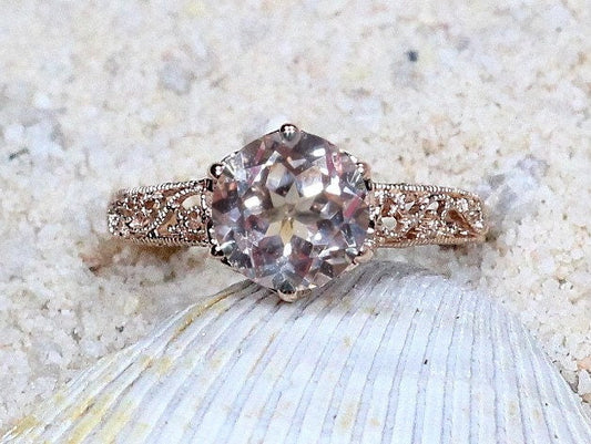 Peach Sapphire Engagement Ring, Vintage Ring, Filigree Ring, Miligrain Ring, Polymnia, 3ct Ring, White Sapphire Ring BellaMoreDesign.com