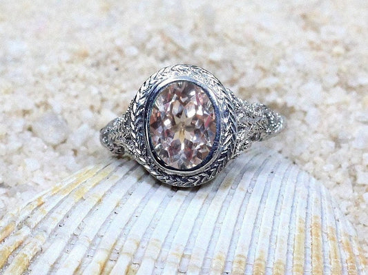 Peach Sapphire Vintage Engagement Ring Oval Antique Bezel Set Chevron Filigree Kore 3ct 9x7mm Custom White-Yellow-Rose Gold-10k-14k-18k-Plat BellaMoreDesign.com