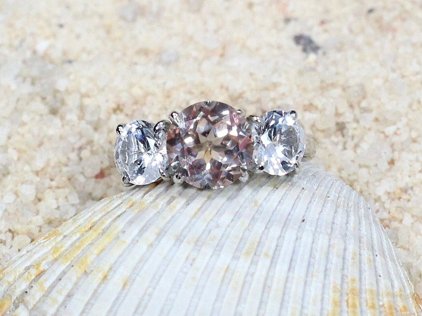 Peach White Sapphire Engagement Ring 3 Gem Stone Round Jubilee Grand 2ct 8mm 1ct 6mm Custom Size White-Yellow-Rose Gold-10k-14k-18k-Platinum BellaMoreDesign.com