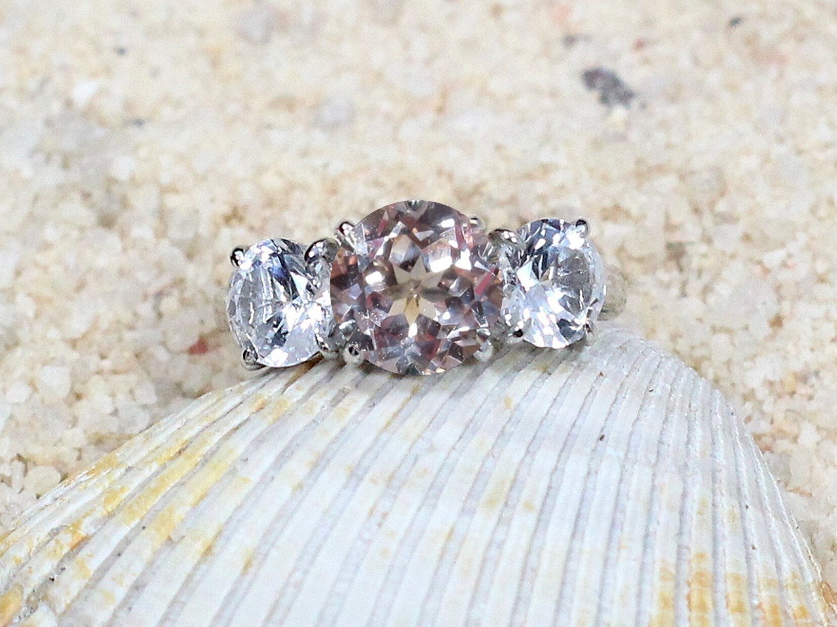 Peach White Sapphire Engagement Ring 3 Gem Stone Round Jubilee Grand 2ct 8mm 1ct 6mm Custom Size White-Yellow-Rose Gold-10k-14k-18k-Platinum BellaMoreDesign.com