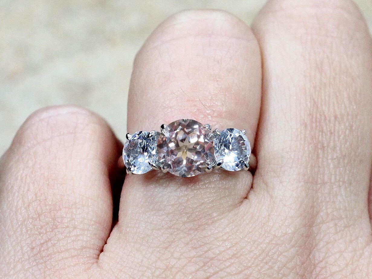 Peach White Sapphire Engagement Ring 3 Gem Stone Round Jubilee Grand 2ct 8mm 1ct 6mm Custom Size White-Yellow-Rose Gold-10k-14k-18k-Platinum BellaMoreDesign.com