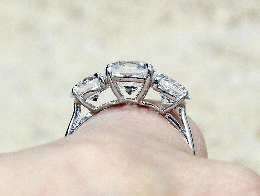 Peach White Sapphire Engagement Ring 3 Gem Stone Round Jubilee Grand 2ct 8mm 1ct 6mm Custom Size White-Yellow-Rose Gold-10k-14k-18k-Platinum BellaMoreDesign.com