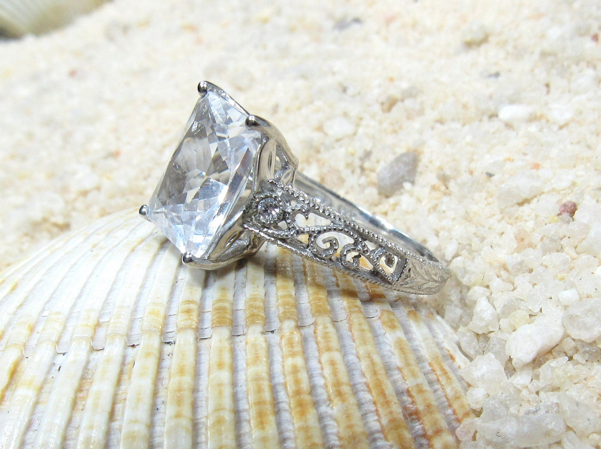 Pink Emerald Cut Sapphire & Diamonds Engagement Ring, Vintage, Filigree, Milgrain, Polymnia, 4ct, 10x8mm, Birthstone BellaMoreDesign.com