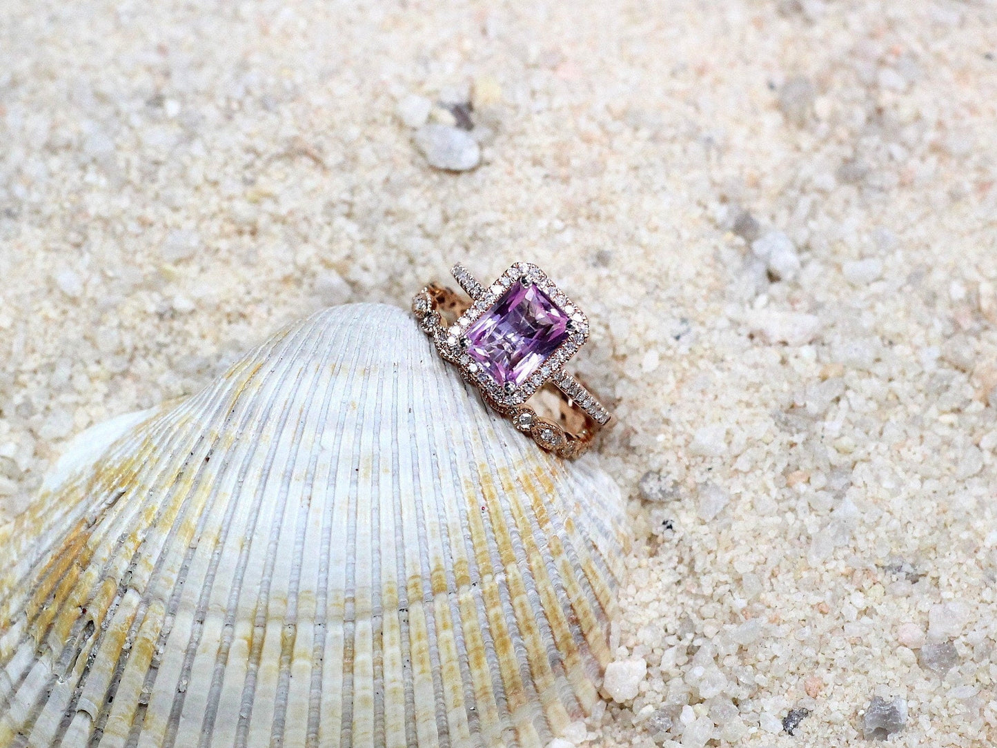 Pink Sapphire & Diamond Engagement Ring Milgrain Eternity Band Set Emerald Halo Hemera Aeolus 2ct 8x6mm Wht-Yellow-Rose Gold-10k-14k-18k-Plt BellaMoreDesign.com