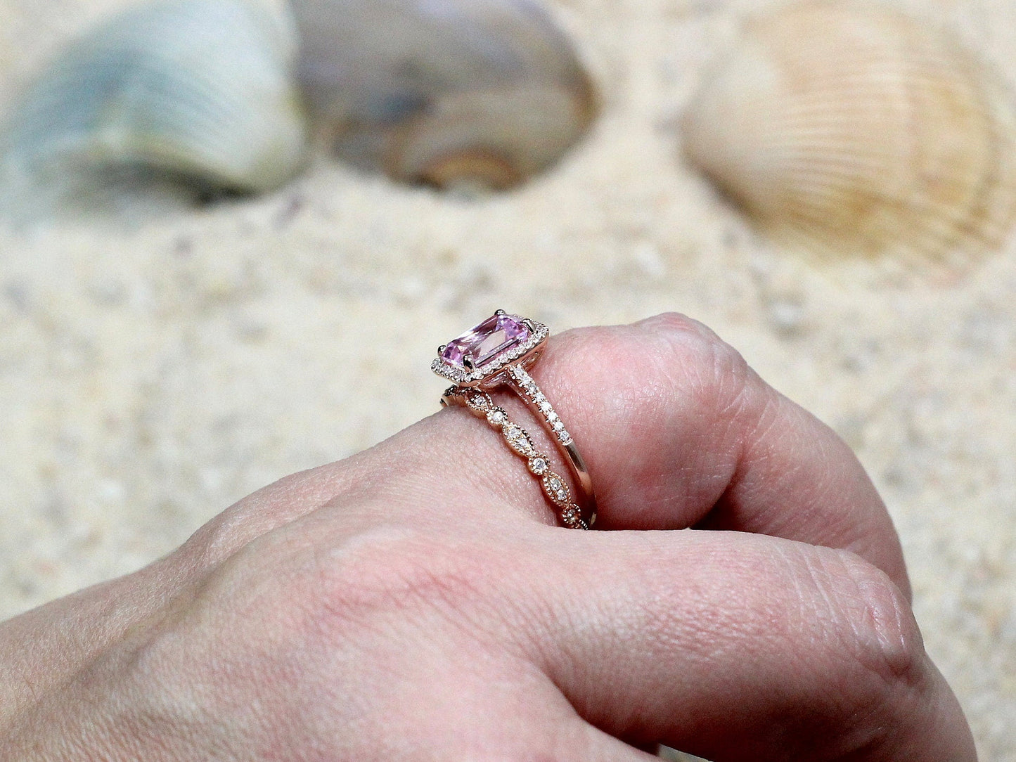 Pink Sapphire & Diamond Engagement Ring Milgrain Eternity Band Set Emerald Halo Hemera Aeolus 2ct 8x6mm Wht-Yellow-Rose Gold-10k-14k-18k-Plt BellaMoreDesign.com