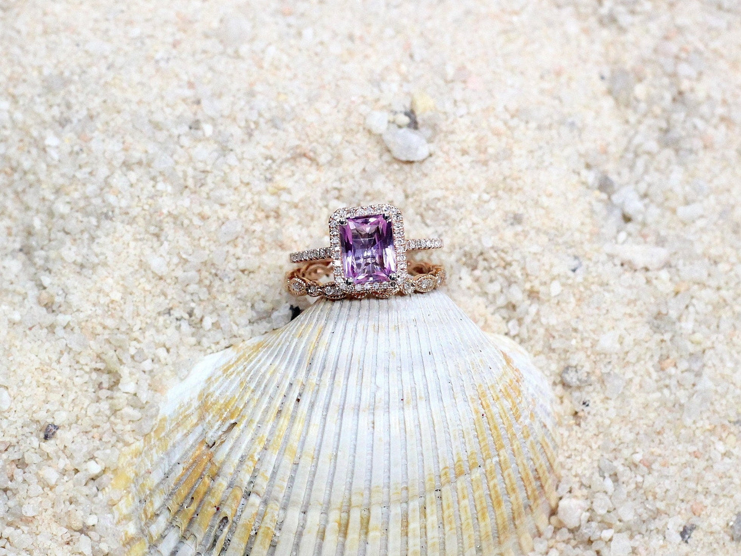 Pink Sapphire & Diamond Engagement Ring Milgrain Eternity Band Set Emerald Halo Hemera Aeolus 2ct 8x6mm Wht-Yellow-Rose Gold-10k-14k-18k-Plt BellaMoreDesign.com