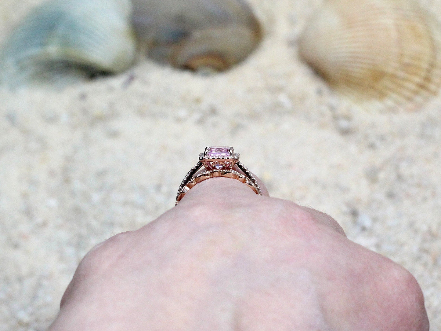 Pink Sapphire & Diamond Engagement Ring Milgrain Eternity Band Set Emerald Halo Hemera Aeolus 2ct 8x6mm Wht-Yellow-Rose Gold-10k-14k-18k-Plt BellaMoreDesign.com