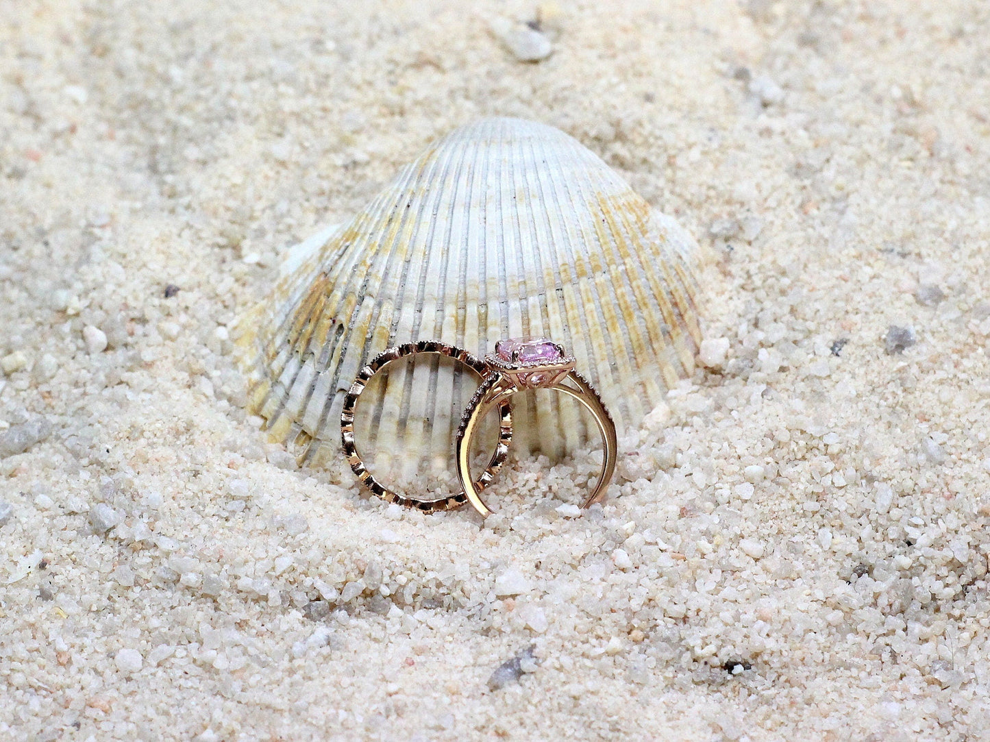 Pink Sapphire & Diamond Engagement Ring Milgrain Eternity Band Set Emerald Halo Hemera Aeolus 2ct 8x6mm Wht-Yellow-Rose Gold-10k-14k-18k-Plt BellaMoreDesign.com