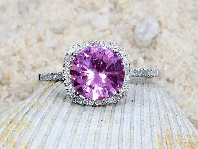 Pink Sapphire & Diamonds Cushion Halo Engagement Ring Cuscino Grand 3ct 8mm Custom Size White Yellow Rose Gold 10k 14k 18k Platinum BellaMoreDesign.com