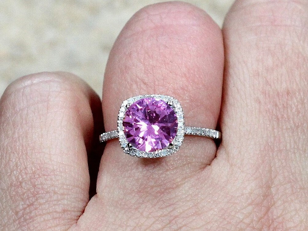 Pink Sapphire & Diamonds Cushion Halo Engagement Ring Cuscino Grand 3ct 8mm Custom Size White Yellow Rose Gold 10k 14k 18k Platinum BellaMoreDesign.com