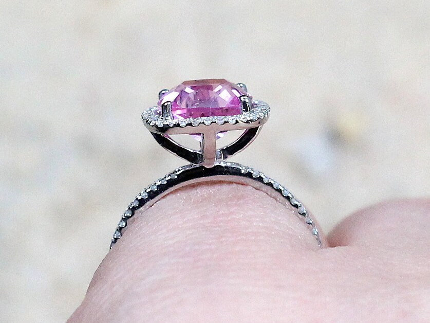 Pink Sapphire & Diamonds Cushion Halo Engagement Ring Cuscino Grand 3ct 8mm Custom Size White Yellow Rose Gold 10k 14k 18k Platinum BellaMoreDesign.com