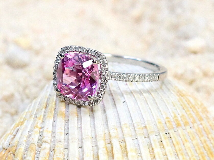 Pink Sapphire & Diamonds Cushion Halo Engagement Ring Cuscino Grand 3ct 8mm Custom Size White Yellow Rose Gold 10k 14k 18k Platinum BellaMoreDesign.com