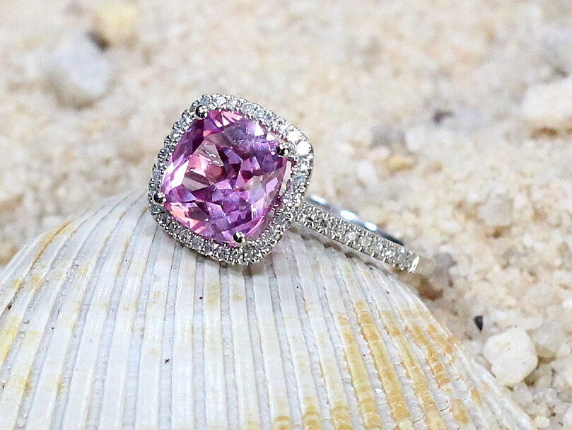 Pink Sapphire & Diamonds Cushion Halo Engagement Ring Cuscino Grand 3ct 8mm Custom Size White Yellow Rose Gold 10k 14k 18k Platinum BellaMoreDesign.com