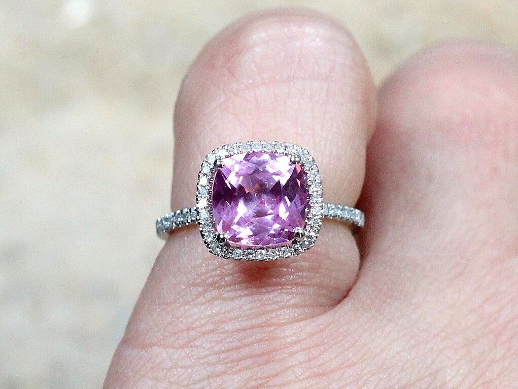 Pink Sapphire & Diamonds Cushion Halo Engagement Ring Cuscino Grand 3ct 8mm Custom Size White Yellow Rose Gold 10k 14k 18k Platinum BellaMoreDesign.com