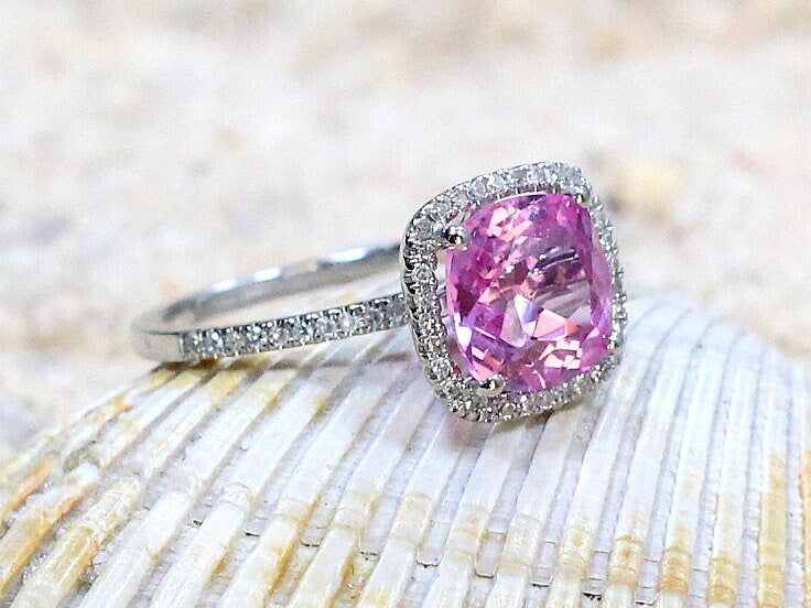 Pink Sapphire & Diamonds Cushion Halo Engagement Ring Cuscino Grand 3ct 8mm Custom Size White Yellow Rose Gold 10k 14k 18k Platinum BellaMoreDesign.com