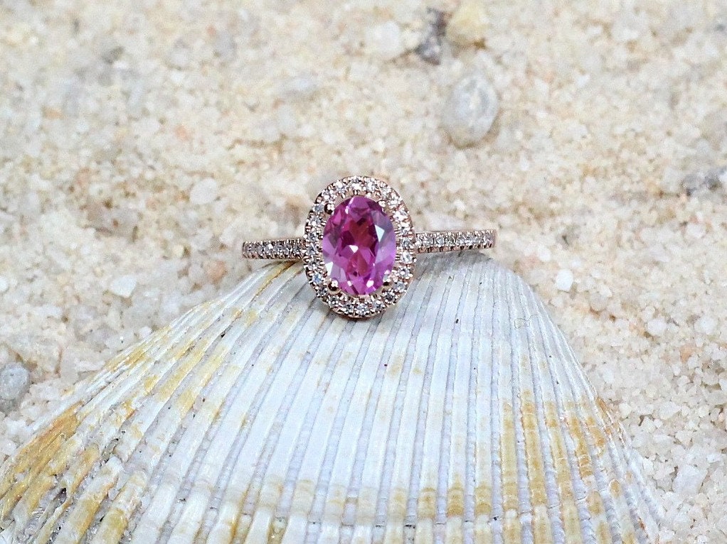 Pink Sapphire & Diamonds Engagement Ring Oval Halo Ovale Petite Basket 1ct 7x5mm Custom Size White-Yellow-Rose Gold-10k-14k-18k-Platinum BellaMoreDesign.com