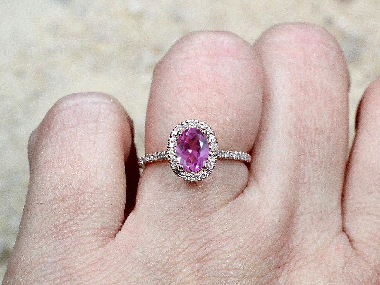 Pink Sapphire & Diamonds Engagement Ring Oval Halo Ovale Petite Basket 1ct 7x5mm Custom Size White-Yellow-Rose Gold-10k-14k-18k-Platinum BellaMoreDesign.com