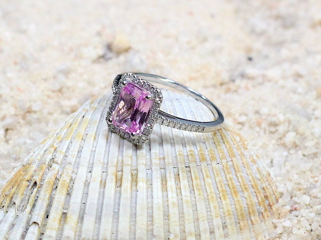 Pink Sapphire & Diamonds Halo Engagement Ring Emerald cut Hemera 2ct 8x6mm Custom Size White-Yellow-Rose Gold-10k-14k-18k-Platinum BellaMoreDesign.com