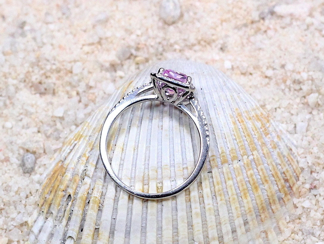 Pink Sapphire & Diamonds Halo Engagement Ring Emerald cut Hemera 2ct 8x6mm Custom Size White-Yellow-Rose Gold-10k-14k-18k-Platinum BellaMoreDesign.com